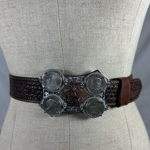 Vintage Susan B Anthony coin buckle with brown leather belt braided size 42